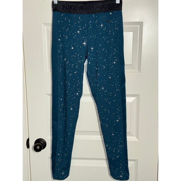 Nike Pro Dri-Fit Teal Starry Night Metallic Legging & Silver Sports Bra, Size M - Picture 2 of 11